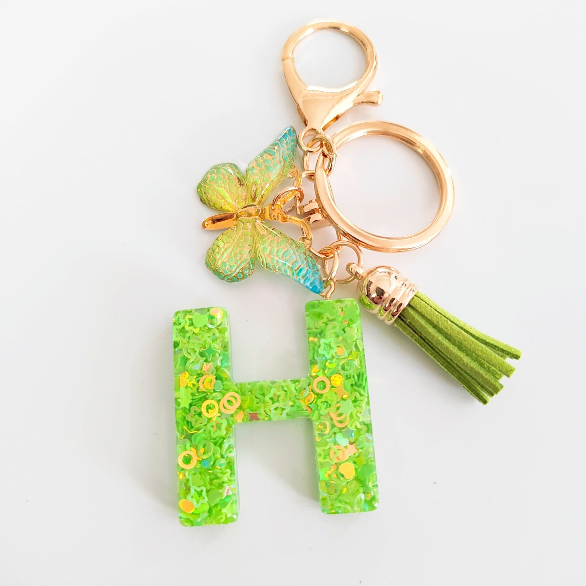 Wholesale 26 English Alphabet Keychain Pendant Green Star Glitter Resin Pendant  Key Chain
